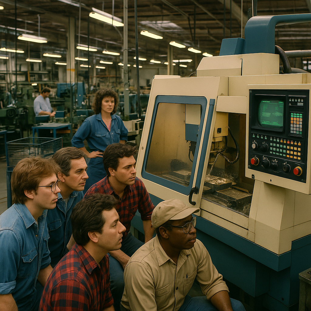Computer Numerical Control machine operating in a 1980s factory, workers observing.