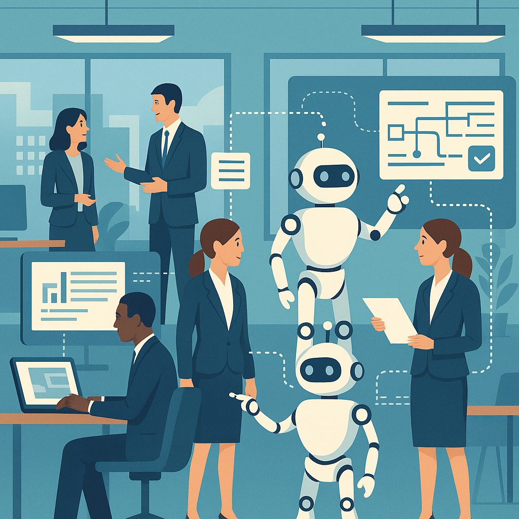 RPA bots streamlining office work in a modern corporate setting