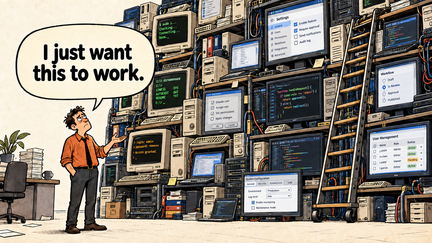 A person facing generations of computers and configuration screens, asking why they still have to configure systems manually