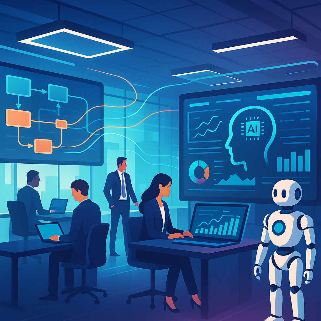 A futuristic office with digital workflows, AI overlays, and robotic process automation tools in action.