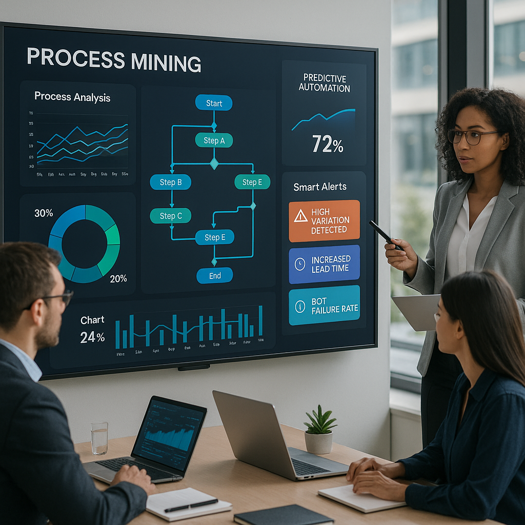 Process mining dashboard with predictive analytics in a modern office setting