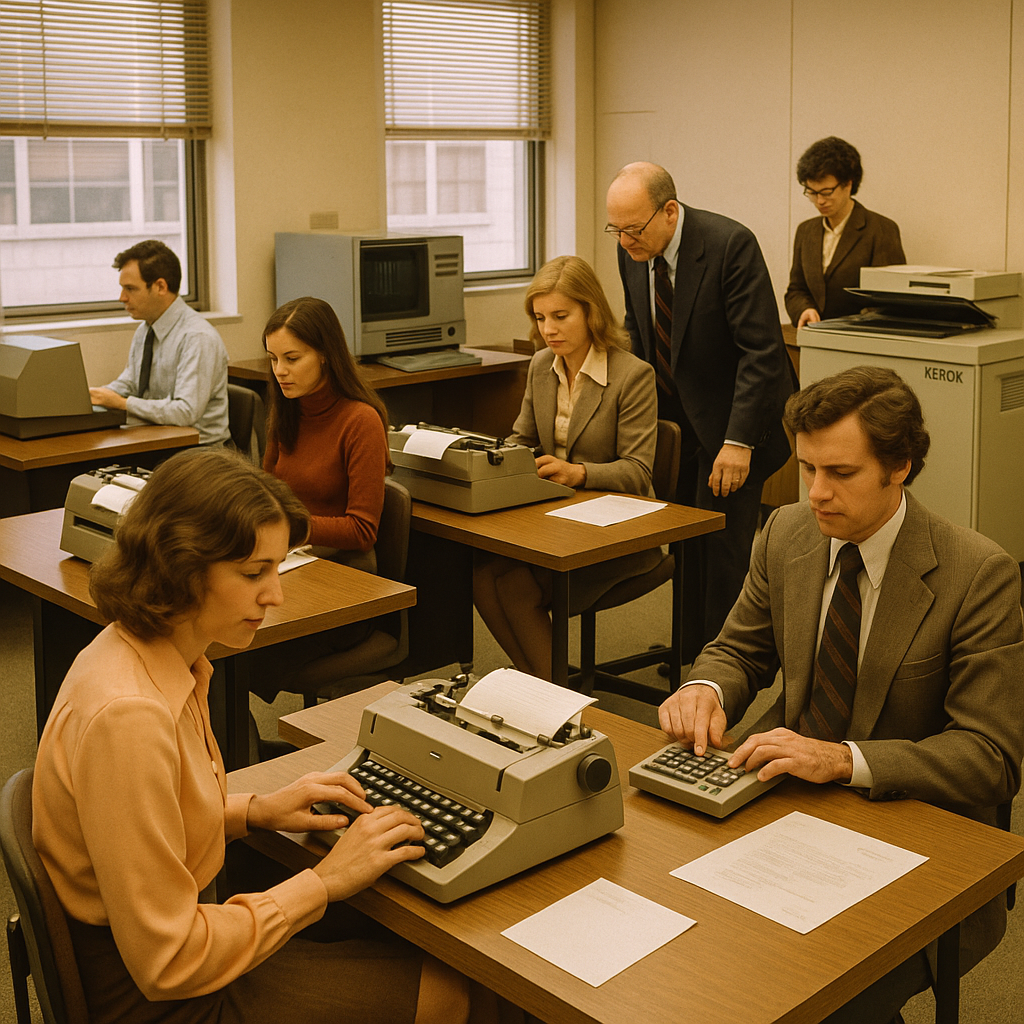 1970s office workers using early automation equipment: typewriters, calculators, mainframe terminals.