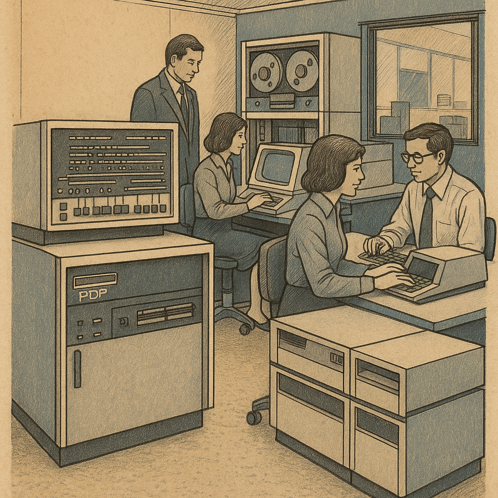 A vintage technical illustration of a Digital Equipment Corporation PDP minicomputer in an office setting, circa 1975. Shows the computer console, data storage units, and operators. Muted earth tones with industrial blues. Professional and efficient atmosphere.