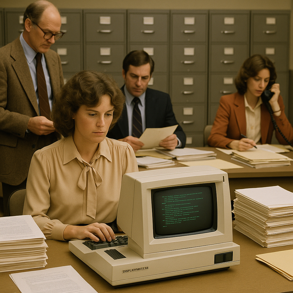 Early 1980s office with electronic word processor, papers, and businesspeople