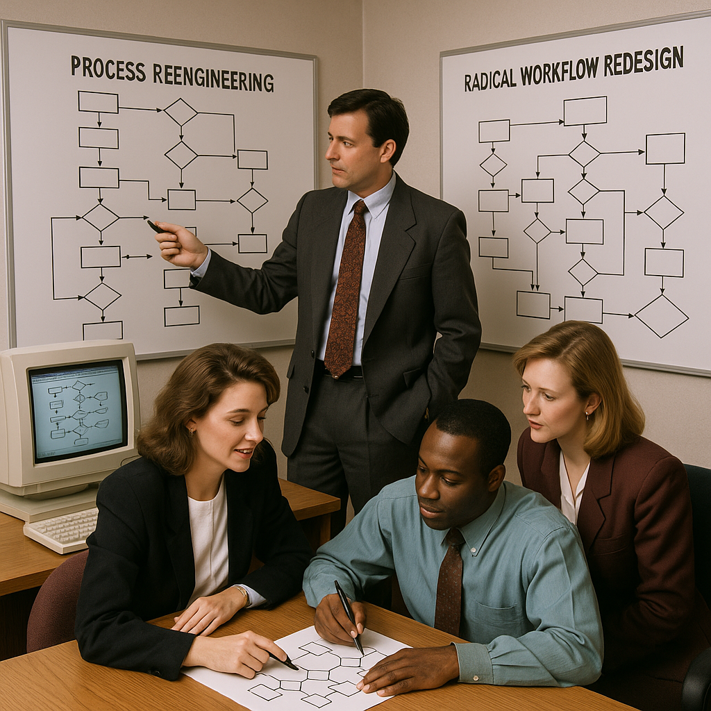 An office scene from the 1990s with managers brainstorming process improvements on whiteboards and early computers.