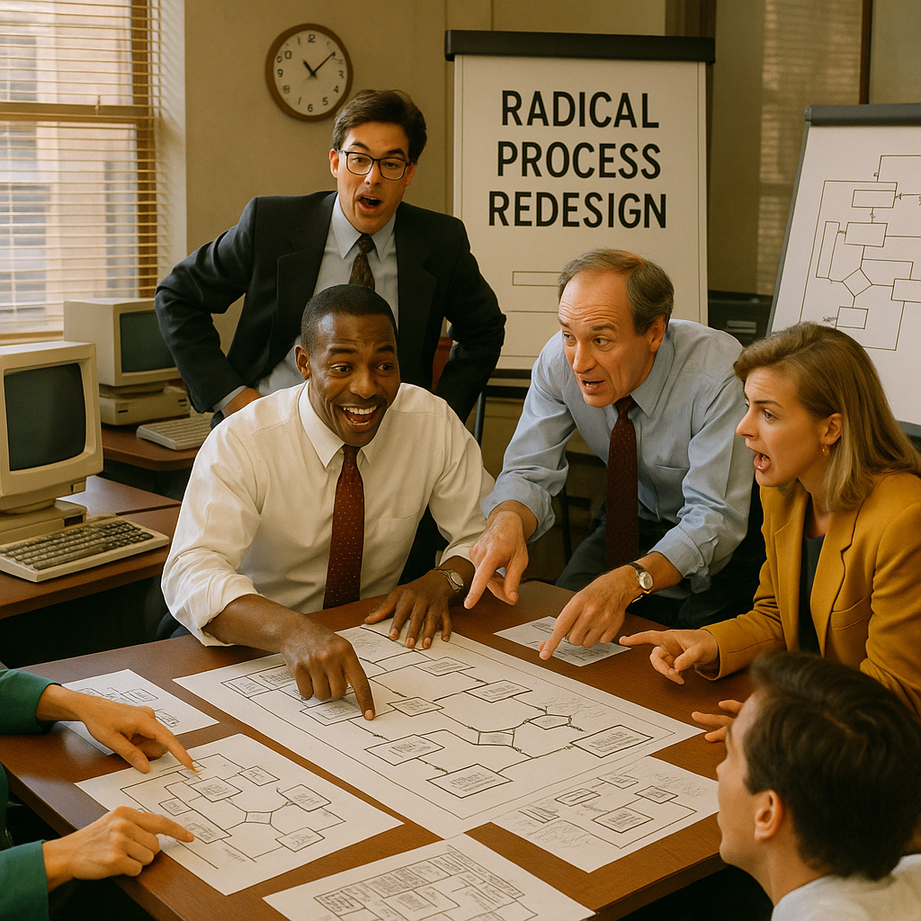 Business Process Reengineering discussion in a 1990s office