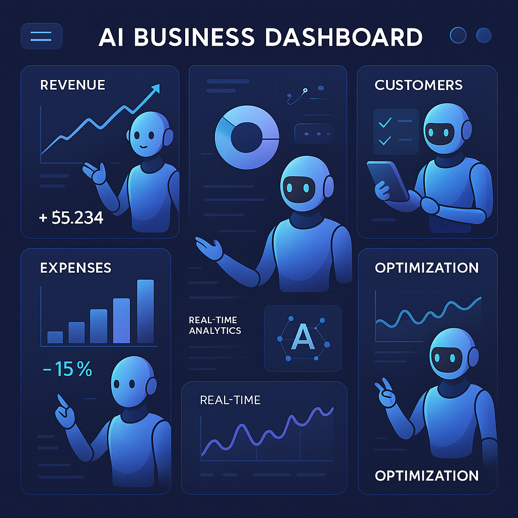 Graphical dashboard showing AI agents optimizing business tasks autonomously.
