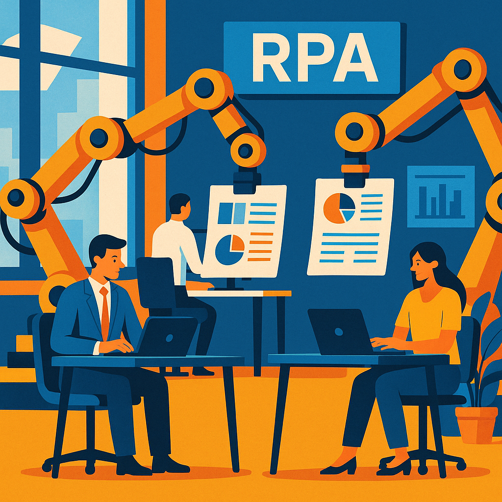 Illustration of robotic arms processing digital business documents, symbolizing business process automation in an office setting.