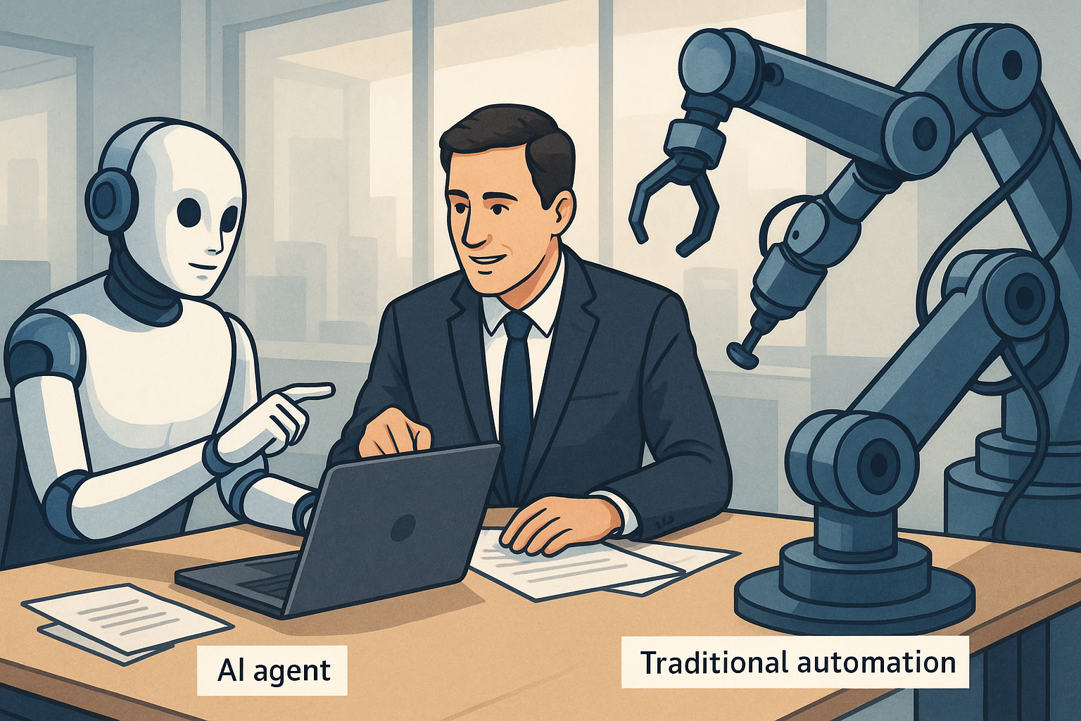 AI agent collaborating with a businessperson and traditional automation represented as robotic arms working together in an office setting.