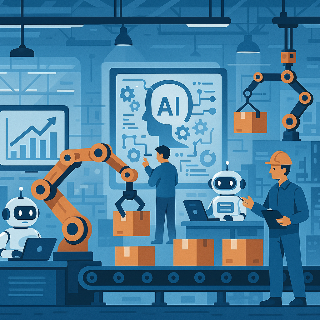 A digitally orchestrated, automated business floor with robots, software bots, and people working together.