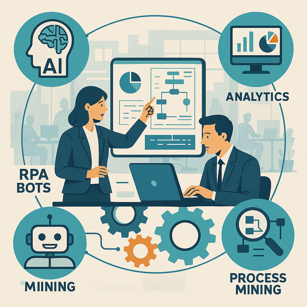 Illustration of hyperautomation transforming business processes with AI and RPA bots