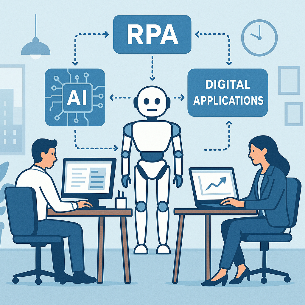 Illustration showing interconnected automation tools and digital workflows streamlining business operations.
