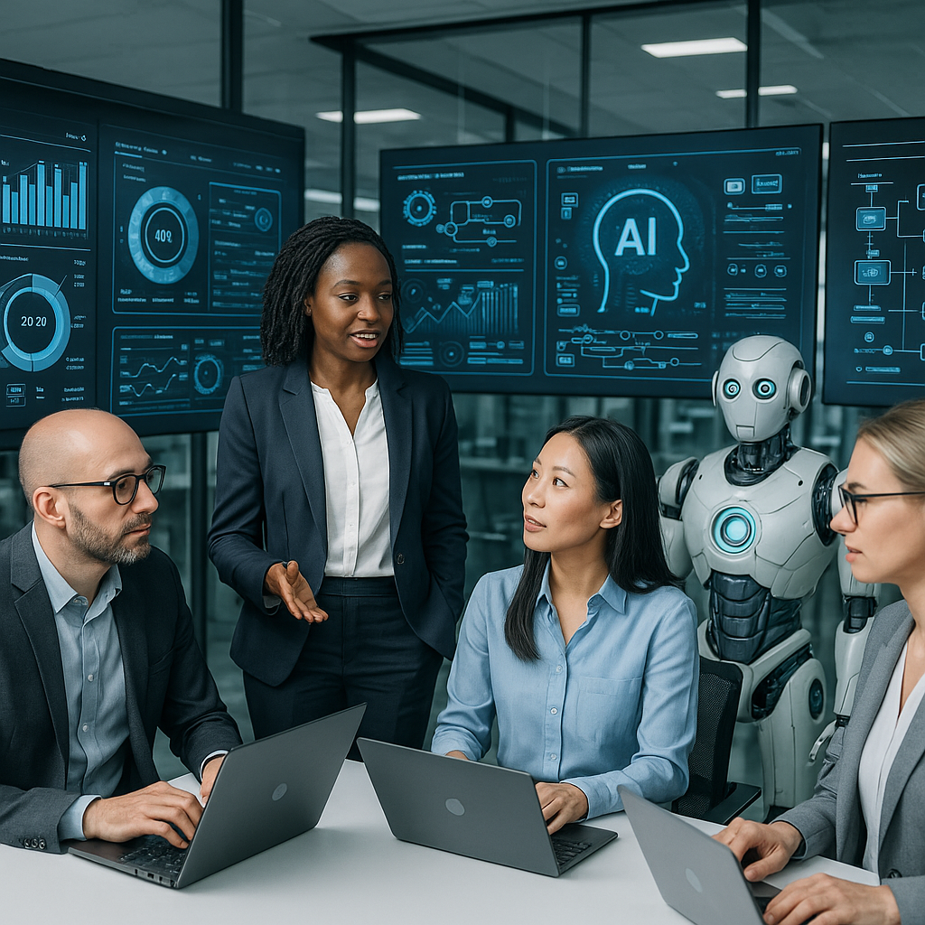 Enterprises automating business processes with hyperautomation in an office setting, with digital interfaces and AI elements