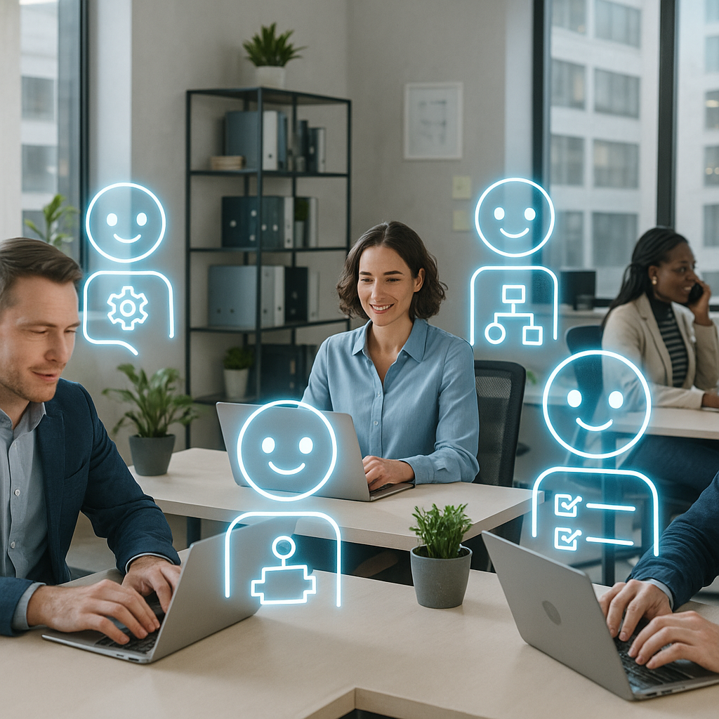 Modern office workflow with digital automation agents working alongside people