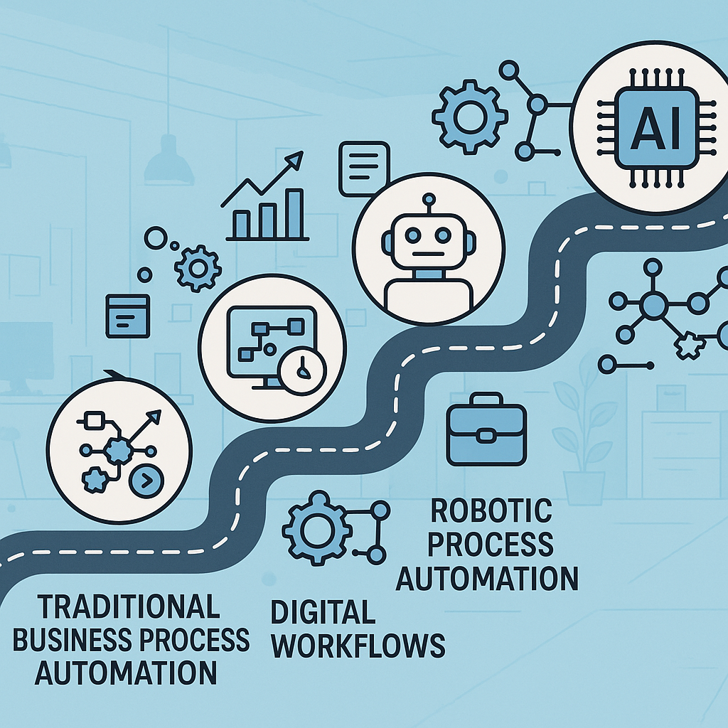 A conceptual image mapping the journey of business process automation to hyperautomation, featuring interconnected digital workflows and AI icons.