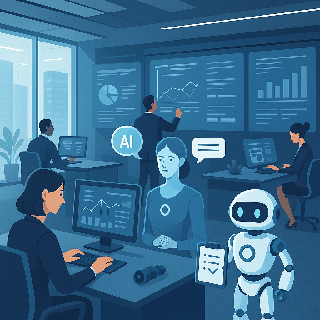 Futuristic office with hyperautomation tools in action