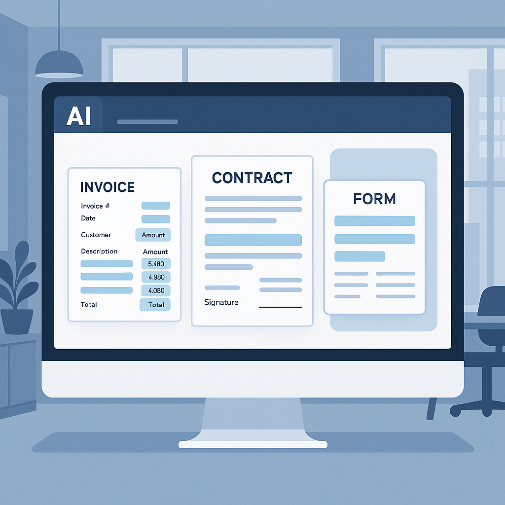 Illustration showing AI analyzing documents for business processing.