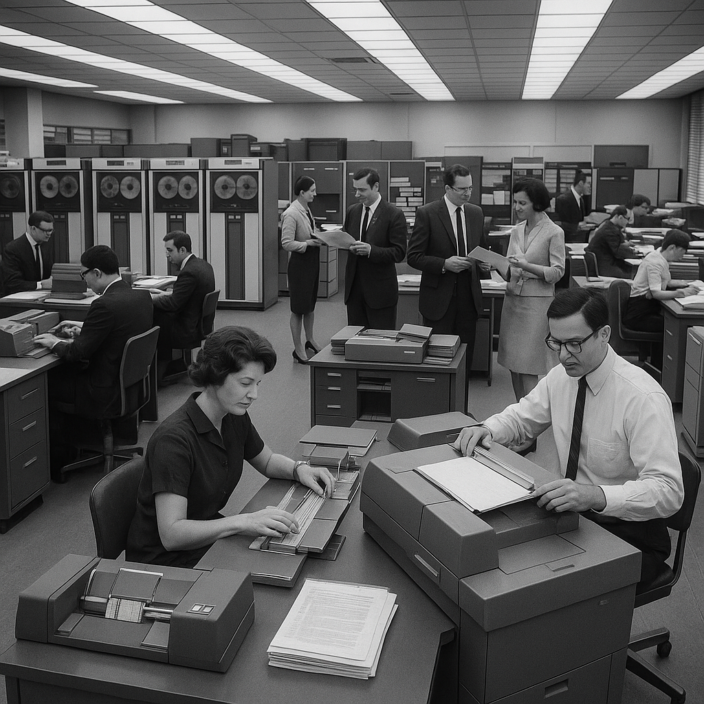1960s office with mainframe computer and punch card machines