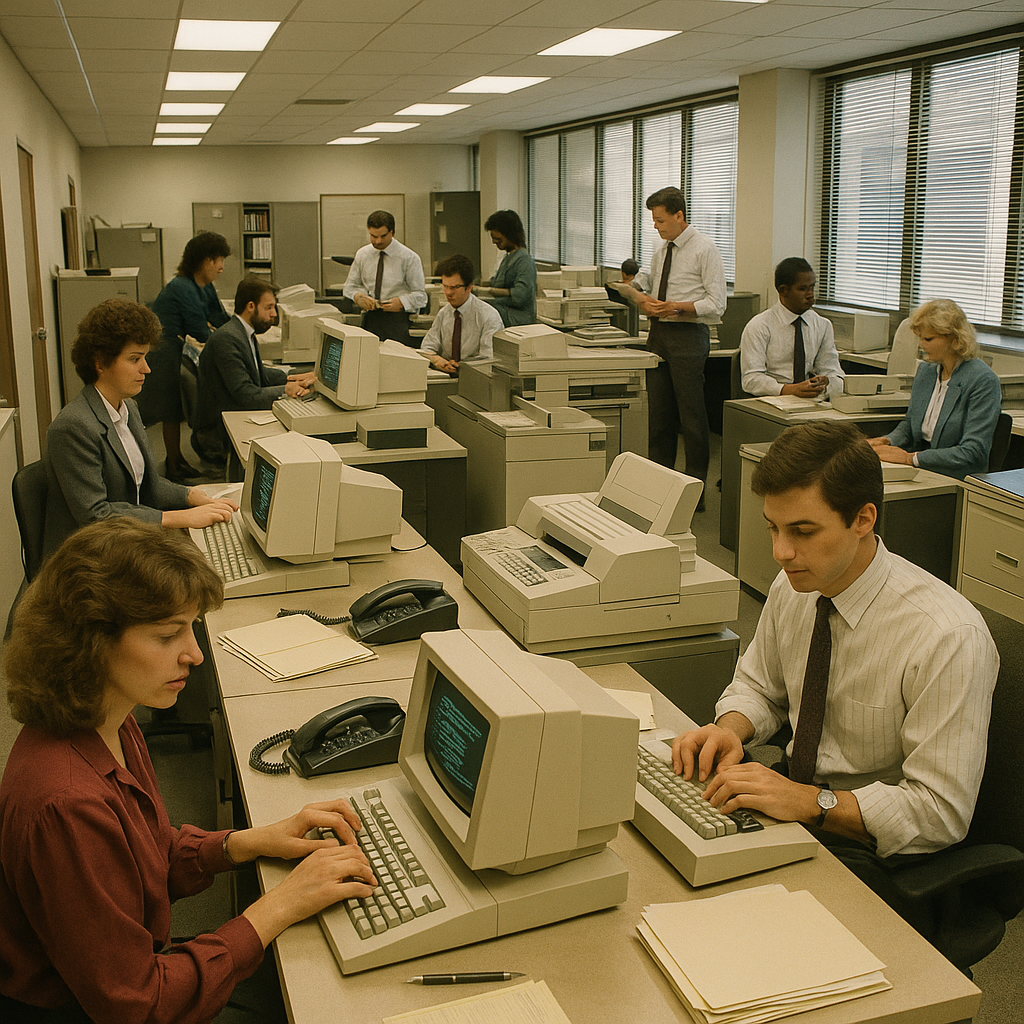 A 1980s office with computers, copiers, and fax machines at work.