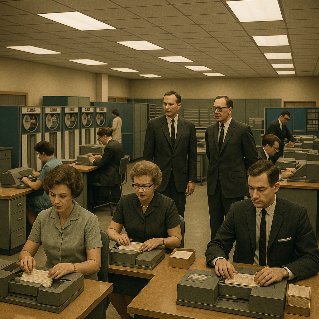 1960s office with large mainframe and clerks using early automation tools