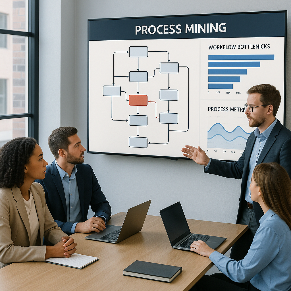 Business team analyzing a process mining dashboard on screen