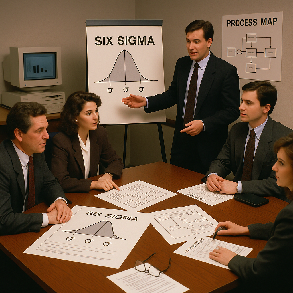Six Sigma chart and businesspeople collaborating over process maps in the 1990s