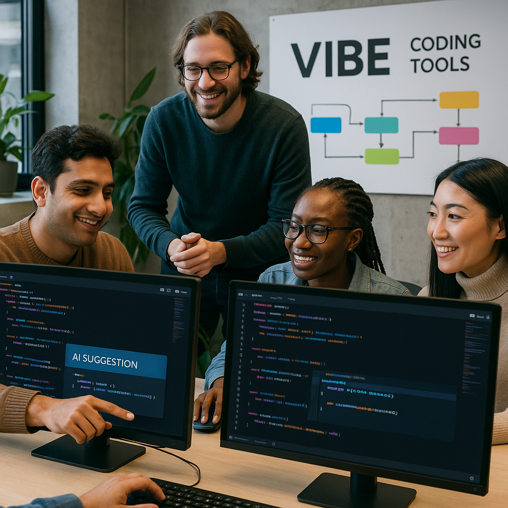 Developers using Vibe Coding Tools in a modern workspace, digital screens showing code, AI features in action